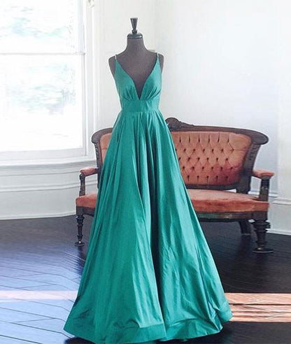 Simple V Neck Green Long Backless Prom Dress, Formal Dress 029