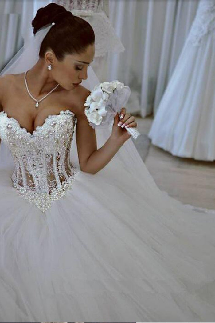 Gorgeous Wedding Dresses A-Line Sweetheart See Through Floor-Length Tulle With Pearls Lace Up