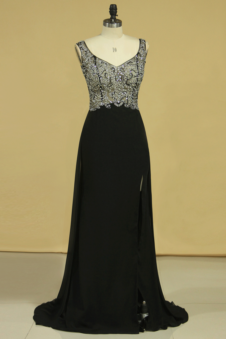 Black Prom Dresses Off The Shoulder See-Through Beaded Bodice Chiffon