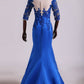 2024 Hot Bateau Dark Royal Blue Mother Of The Bride Dresses 3/4 Length Sleeve With Applique Satin