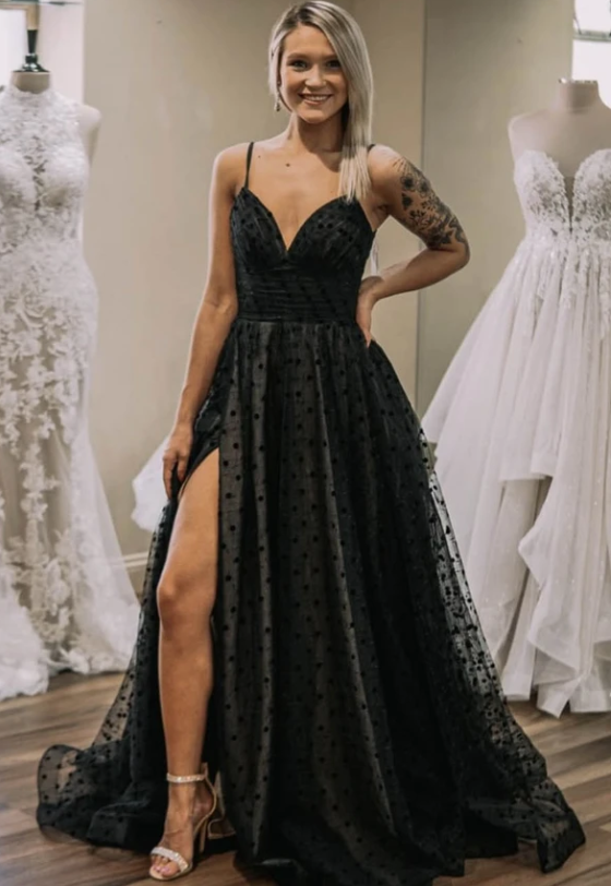 Black tulle long prom dress black evening dress 133