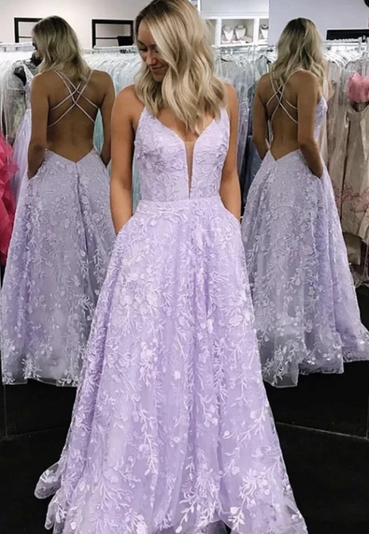 Purple tulle lace long prom dress evening dress,3145