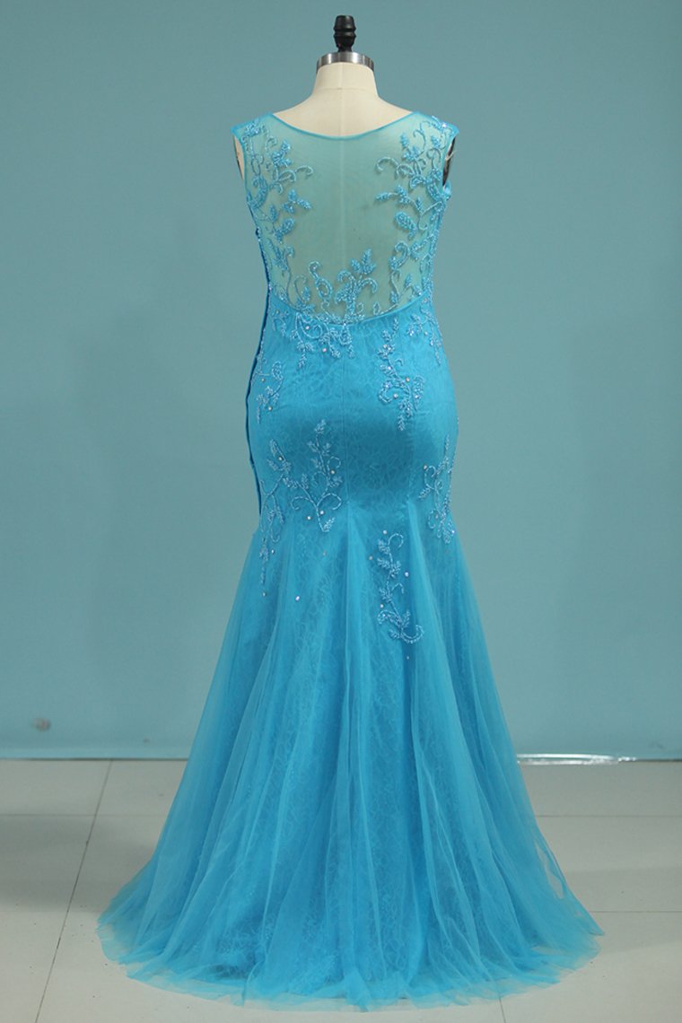 2024 Scoop Mermaid Prom Dresses With Beads Lace And Tulle Sweep Train