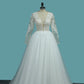 Long Sleeves A Line Scoop Tulle Wedding Dresses With Applique Chapel Train