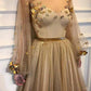 Elegant 3D Flowers Long Sleeve Prom Dresses Golden Rhinestone Evening Dresses SRS15143