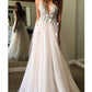 Spaghetti Straps Deep V Neck Backless Tulle Prom Dress with Flowers, Beach Wedding Gowns SJS15413