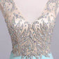 V Neck Prom Dresses A Line Beaded Bodice Sweep Train Chiffon And Tulle
