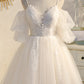 Spaghetti Straps Champagne V Neck Lace Tulle Princess Homecoming Dresses