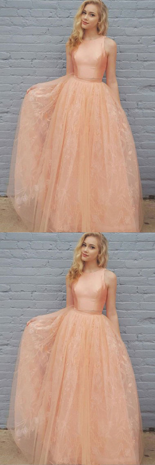 Two Piece Peach Tulle Lace Full Length Pageant Prom Dress, Homecoming Dress,3729