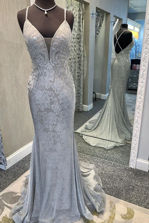 Elegant V Neck Lace Appliques Mermaid Silver Prom Dress.3769