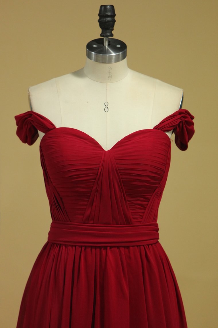 Burgundy/Maroon Prom Dresses Off The Shoulder A Line Chiffon Floor Length With Ruffles
