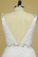 Plus Size Wedding Dresses A Line V Neck Open Back With Beading Stretch Satin