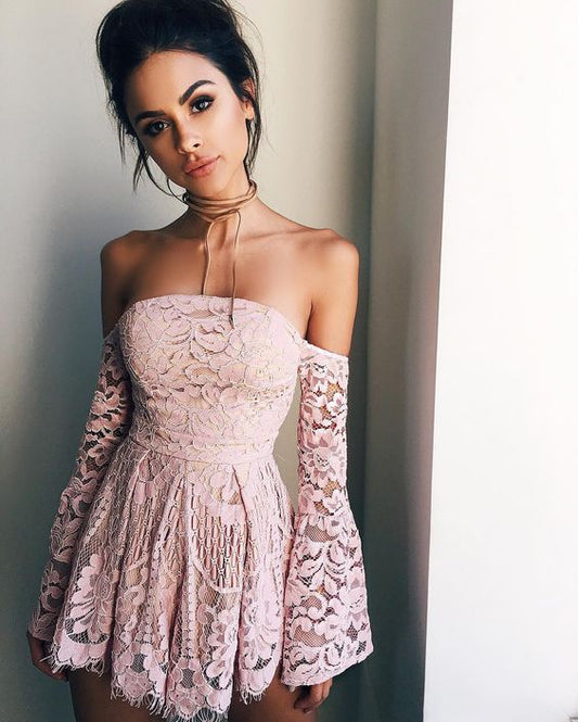 A-Line Off-The-Shoulder Long Sleeves Elaina Homecoming Dresses Cocktail Lace Short Blush 2024