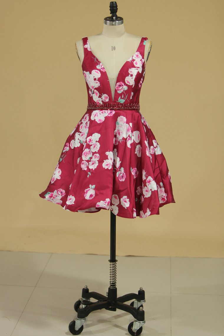 2024 Homecoming Dresses V Neck A Line Short/Mini Satin Floral