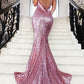 Trumpet/Mermaid Rose Gold Sequins Backless Prom Evening Dress