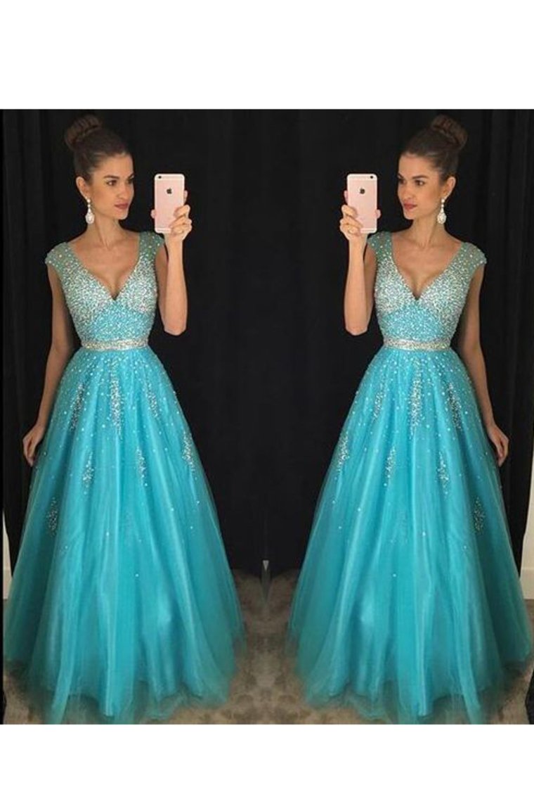A Line V Neck With Beading Prom Dresses Floor Length Tulle