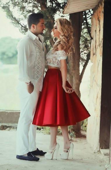 Two Piece Red Satin Lace Off-the-shoulder White Short Sleeve Tea-Length Party Dresses JS59