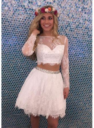 Two Piece Nell Lace Homecoming Dresses Bateau Long Sleeves White Tulle 2024 With Beading