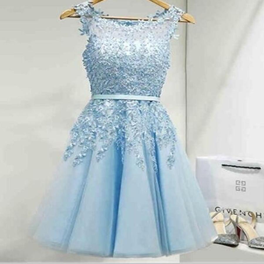 A-Line Jewel Light Alyson Chiffon Homecoming Dresses Blue Short 2024 With Appliques Pleats