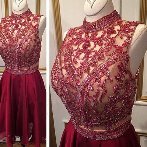 A-Line High Neck Burgundy Short 2024 With Homecoming Dresses Chiffon Janet Beading Sequins