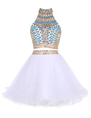 Two Piece High Neck White Tulle Short 2024 With Jolie Homecoming Dresses Beading Rhinestone