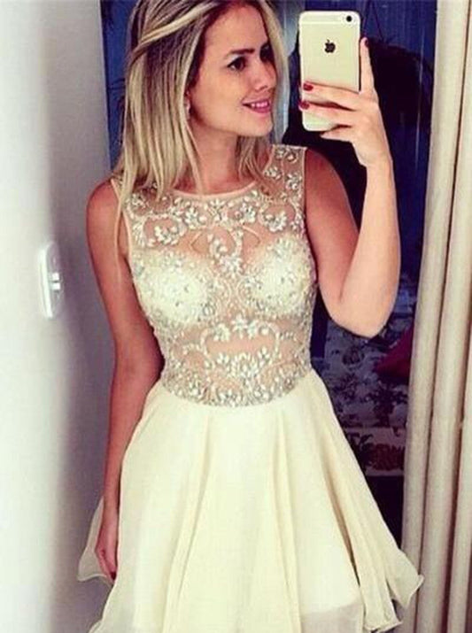 Ivory Homecoming Dresses Shelby Chiffon A-Line Round Neck Short 2024 With Beading