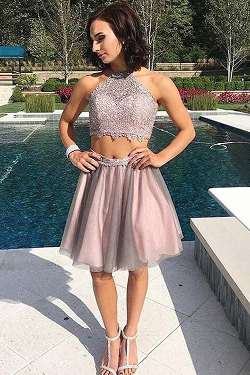 Two Piece Jewel Homecoming Dresses Brielle Open Back Short Blush Tulle Dresses Prom