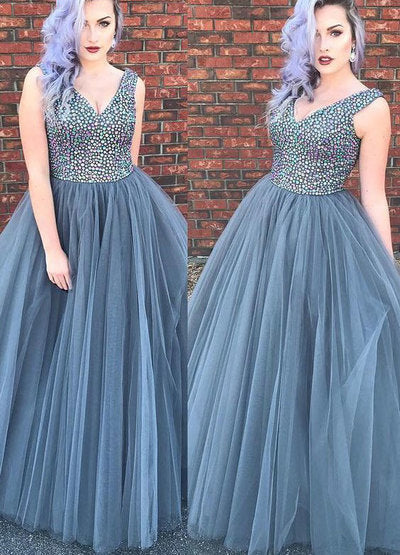 Plus Size Light Gray V Neck Prom Dresses,4119