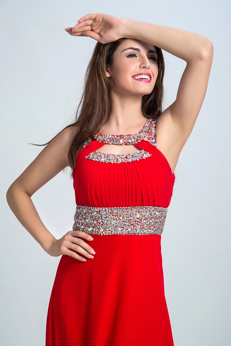 Sexy Prom Dresses A Line Scoop Sweep/Brush Red Open Back