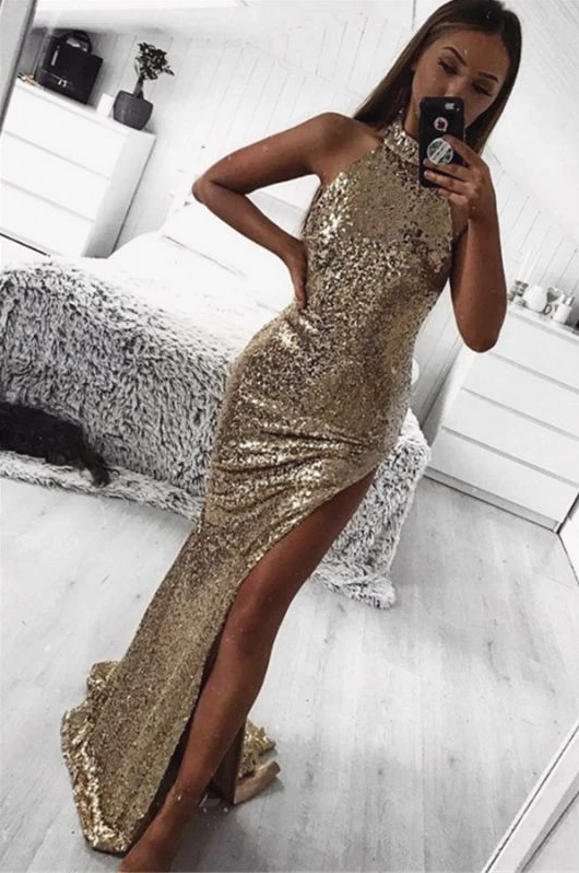 Gold Sheath Halter Sleeveless Side Slit Sequins Sexy Prom Dresses 278