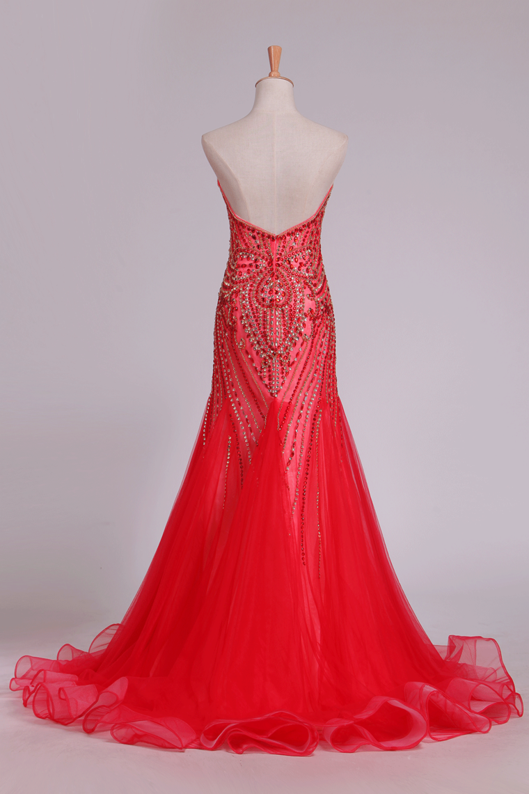 Sweetheart Prom Dresses Tulle With Beading Mermaid Sweep Train