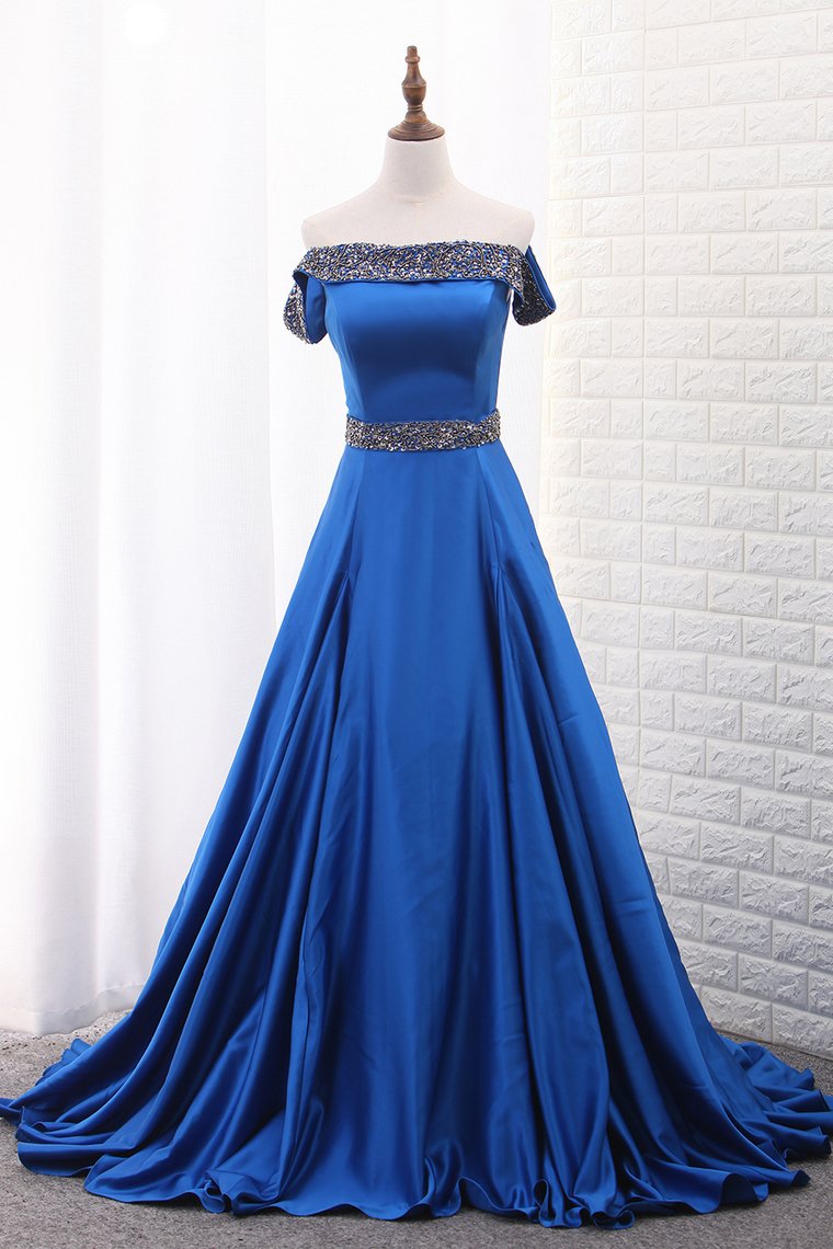 A Line Prom Dresses Boat Neck Satin With Beads Sweep Train