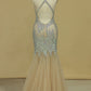 Halter Prom Dresses Mermaid Tulle With Beading Floor Length