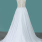 A Line Scoop Chiffon Wedding Dresses With Applique Sweep Train