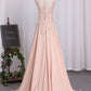 A Line Elastic Satin Straps Prom Dresses With Slit Sweep Train
