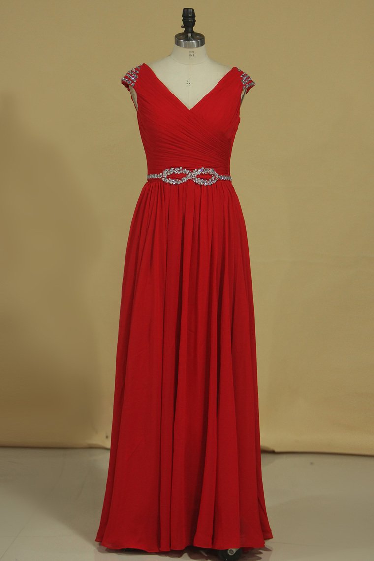 A Line V Neck Chiffon Prom Dresses With Beads And Ruffles Floor Length