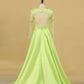 2024 Prom Dresses Scoop Long Sleeves A Line Satin With Applique And Beads