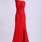 One-Shoulder Sheath Prom Dresses Beaded Lace Floor-Length Zipper Back
