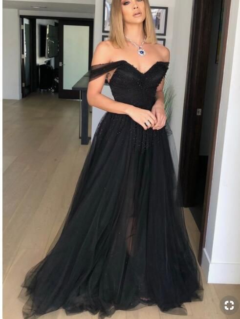 Black Beaded Tulle Long Evening Dress Plus Size Sweetheart Prom Dresses A Line Formal Gowns,4996