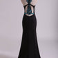 2024 Black Scoop Column Prom Dresses Chiffon With Rhinestones & Beads Sweep Train