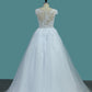 Tulle A Line Scoop Wedding Dresses With Applique Sweep Train