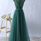 Scoop Tulle & Lace With Sash A Line Sweep Train Prom Dresses