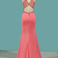 2024 Mermaid Scoop Prom Dresses Spandex With Beading Sweep Train Open Back