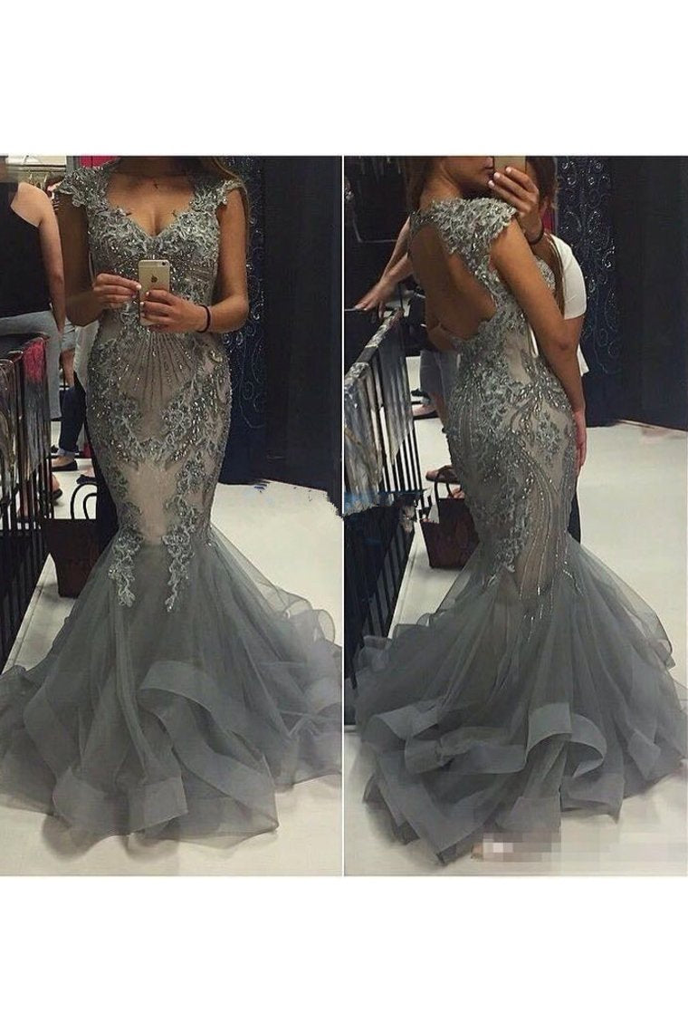 Tulle Straps Prom Dresses Mermaid With Applique And Beads Open Back