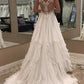 Ivory Lace Chiffon Long V-Neck Elegant Wedding Dresses Modest Wedding Gowns