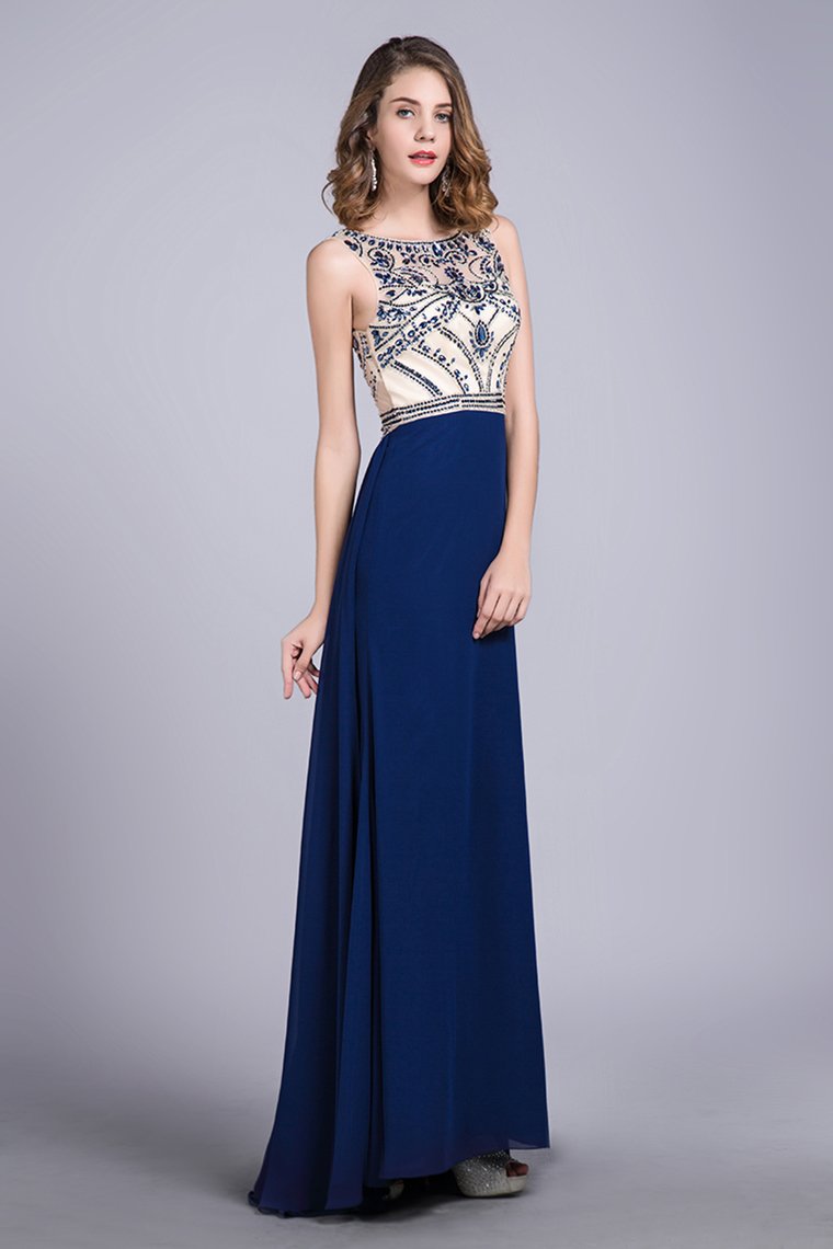 Prom Dresses Scoop A Line Full Length Beaded Tulle Bodice With Chiffon Skirt Ready To Ship