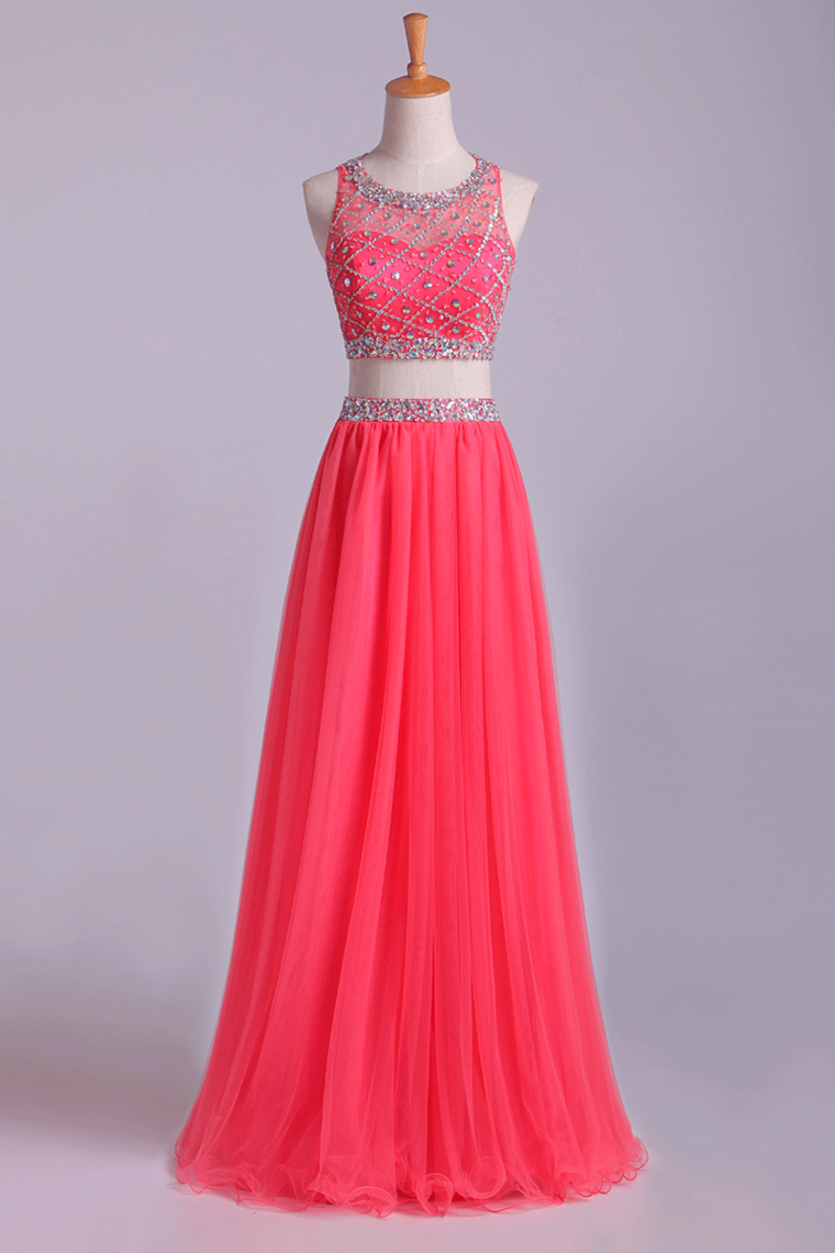 Two-Piece Bateau Beaded Bodice Princess Prom Dress Pick Up Tulle Skirt Floor Length