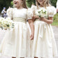 Vintage Juliet Sleeves Tea Length Round Neck Satin Flower Girl Dresses, Little Dresses SRS15606