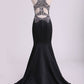 Black Scoop Mermaid Beaded Bodice Open Back Prom Dresses Satin Floor Length