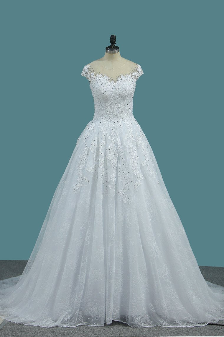 Tulle Scoop A Line Wedding Dresses With Applique And Beads Court Train